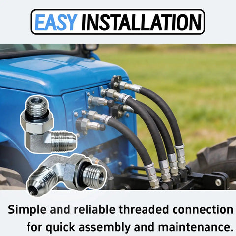 Heavy Duty Three Eighths Inch JIC 37 Degrees Hydraulic Hose Fittings 90 Degree Elbow Rugged JIC Male to SAE ORB Male With Protective Covers End Connectors 5 Pack installed on tractor hydraulics