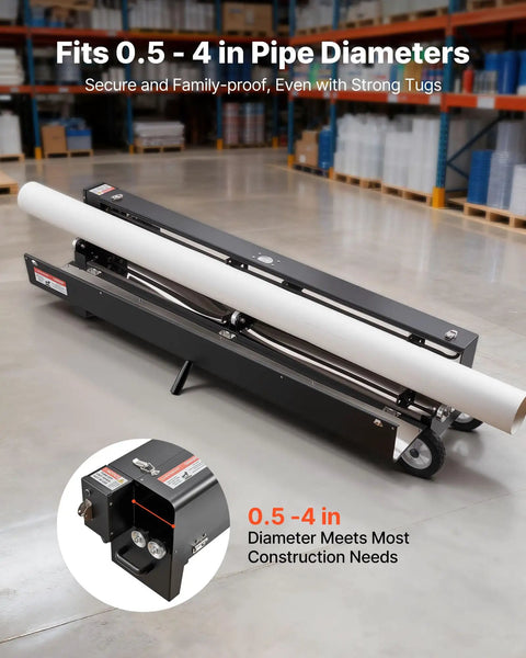 VEVOR Electric PVC Conduit Heater For 1/2 To 4 Inch Pipes With Rapid Even Heating Technology and Carry Handle, showing pipe diameter range.