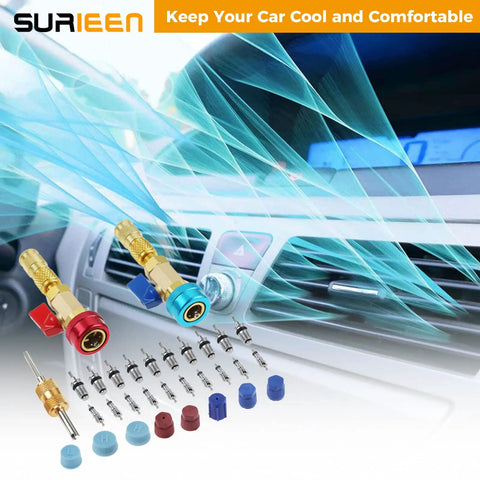 R134A Valve Core Removal Tool Set Go-To With Red High-Pressure And Blue Low-Pressure Removers shown with car AC vent