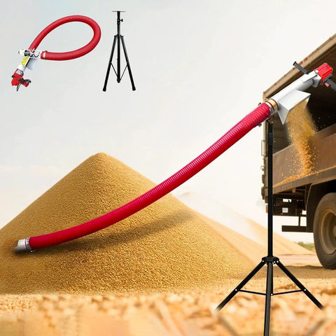 1500W Electric Grain Suction Pump With 1.5M Auger Screw Conveyor, transferring grain into a truck, shown with accessories.