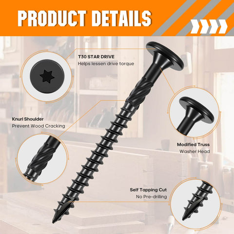 Size 14 Lag Screws 100 Pack For Outdoor Wood, Structural Deck And Framing Screws, Rust Resistant Black Finish, 2-7/8 Inch, Thick Shank With Aggressive Threads, Includes T30 Star Bit, Built For Strong Joints And Long-Lasting Hold.