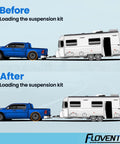 FLOVENTIS 2Pcs rubber suspension kit shown in before/after towing scenes: blue pickup pulling a travel trailer; FLOVENTIS logo