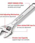 Four-Piece Adjustable Wrench Set With Wide Handle For Maximum Comfort, Includes 6, 8, 10, 12 Inch Drop-Forged Steel Wrench