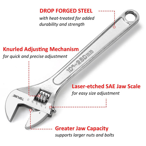 Four-Piece Adjustable Wrench Set With Wide Handle For Maximum Comfort, Includes 6, 8, 10, 12 Inch Drop-Forged Steel Wrench