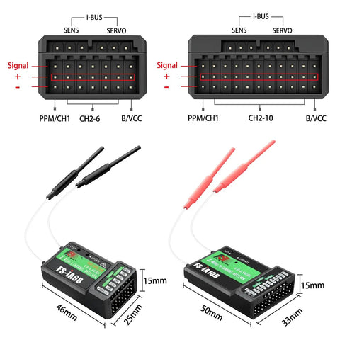 Diagram showing connectors and dimensions of 10 Channel 2.4GHz RC Transmitter With FS-iA6B Receiver, i6X Compatible Controller