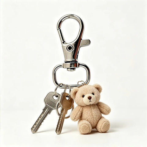 Hella Durable Zinc Alloy Swivel Snap Hooks And D Rings For Purse Hardware, Keychain Crafting, Sewing, 122 Piece Kit With Smooth Turn Clasps, Half Inch Opening, Total Breeze To Use; snap hook holding keys and teddy bear.