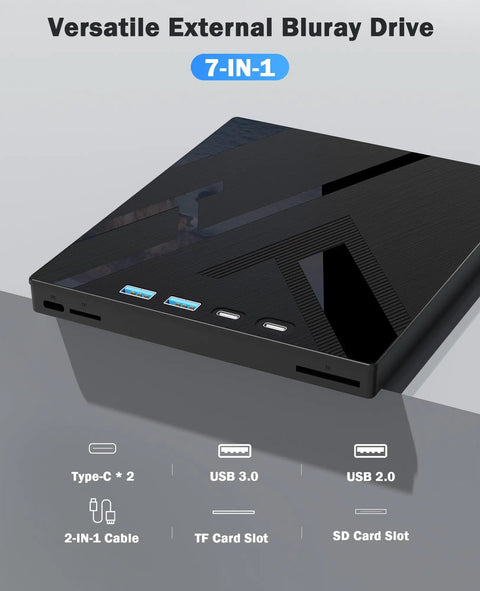 All In One External Blu Ray Drive For Real Fast 100 GB Disc Read And Write Supports Massive 100GB Discs Burn And Backup High Capacity Media Reads Blu Ray Up To 6x DVDs Up To 8x Great For PC Mac And Laptop Use Plug And Play Ready black 7-in-1 drive with USB-C, USB 3.0, SD and TF slots