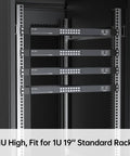 Top Tier 16 Port Rack Mount KVM Console With Crisp Audio Output And Lightning Fast Hotkey Routing For No Sweat Server Management Using Just One Keyboard And Main Display Screen in a standard 1U 19-inch rack.