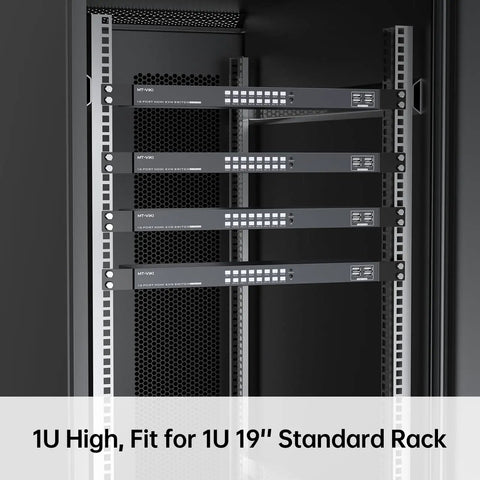 Top Tier 16 Port Rack Mount KVM Console With Crisp Audio Output And Lightning Fast Hotkey Routing For No Sweat Server Management Using Just One Keyboard And Main Display Screen in a standard 1U 19-inch rack.
