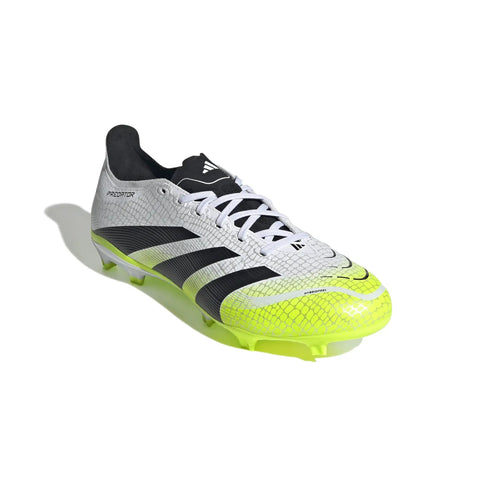 Predator League Soccer Cleats For Unisex On Firm Ground And Multi Ground, White Black Lucid Lemon, Size 4.5, side view showing design.