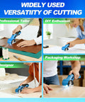 Heavy Duty Electric Scissors For Cardboard Cutting Cordless Rechargeable Box Cutter With Tungsten Steel Blade 260Rpm High Speed Power Tool cutting through various materials in different settings.