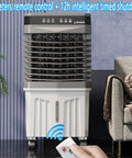 Portable Evaporative Air Cooler With Water Tank And Three Speed Levels And Twelve Hour Timer And Ice Packs And Wide Angle Oscillation To Straight Up Crush Summer Heat And Keep Your Space On Point For Zero Sweat Comfort, shown with remote control.