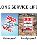 Leave Your Packages Here Heavy Duty Aluminum Front Porch Drop Off Sign 12X8 Inches displayed in water and dirt showing durability.
