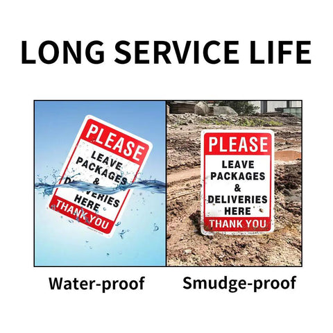 Leave Your Packages Here Heavy Duty Aluminum Front Porch Drop Off Sign 12X8 Inches displayed in water and dirt showing durability.
