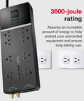 8 Outlet USB Wall Tap Surge Protector Power Strip With 2 USB Ports Go To Desk Charger, black, showing 3600-joule rating.