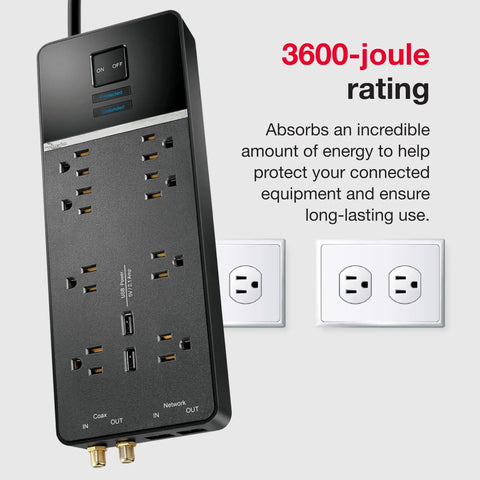 8 Outlet USB Wall Tap Surge Protector Power Strip With 2 USB Ports Go To Desk Charger, black, showing 3600-joule rating.
