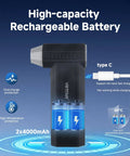 Rechargeable Cordless Air Duster With 3 Speed Settings showing 4000mAh high-capacity battery and Type-C fast charging cable