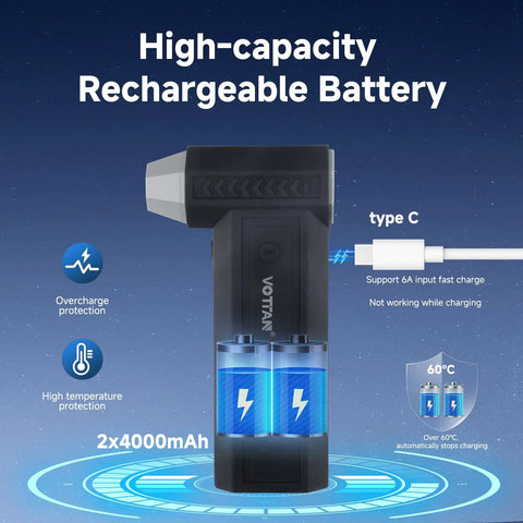 Rechargeable Cordless Air Duster With 3 Speed Settings showing 4000mAh high-capacity battery and Type-C fast charging cable