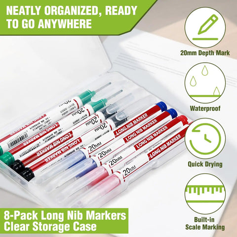 8-Pack Premium Long Nib Markers And Deep Hole Marker Pens Waterproof Construction Marking Tools With Built In Ruler in clear storage case