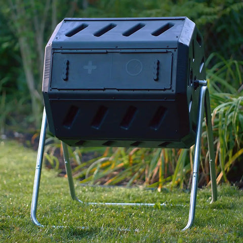 Canadian Made 37 Gallon Dual Chamber Tumbling Composter With 100 Percent Recycled Resin Eco Friendly Outdoor Rotating Bin For Garden Kitchen And Yard Waste Black Finish