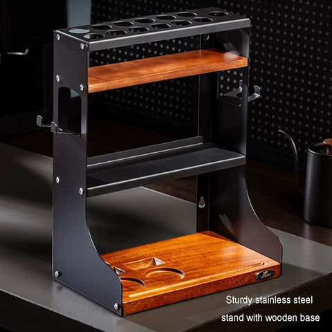 Heavy Duty Wall Mount Coffee Bean Storage Tower Three Tier Wooden Espresso Tool Rack with stainless steel and walnut base.