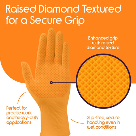 Orange nitrile glove with raised diamond texture for secure grip; front view