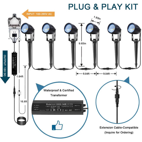 Low Voltage Landscape Lighting Kit 6 Pack 12V LED Outdoor Spotlights With Plug In Transformer, diagram of components and connections