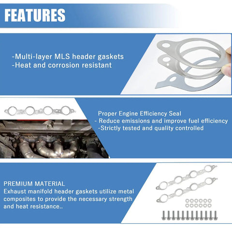 Features of MLS Exhaust Header Manifold Gasket With Bolts For Cadillac CTS Escalade Chevy Camaro Silverado GMC Pontiac LS Engines