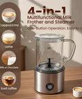 4 In 1 Milk Frother And Steamer For Home Barista Cafe Pro Grade Quality Drinks Glass 16.9oz Electric Frother on kitchen counter