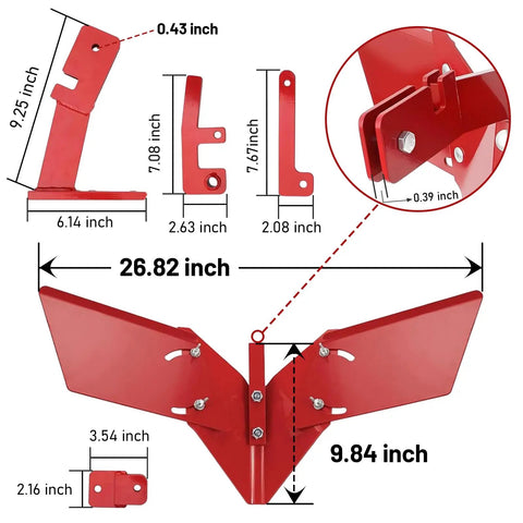 Dimensions and design of 15683 Rear Tine Tiller Furrower Kit With Removable Adjustable Wings for Earthquake Rototillers.