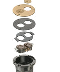 Exploded view of Round Cut-In Floor Box Kit 1-Gang with brass cover and threaded plugs for wood or concrete floors installation.