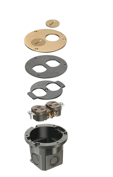Exploded view of Round Cut-In Floor Box Kit 1-Gang with brass cover and threaded plugs for wood or concrete floors installation.