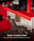 20 Ton Air Hydraulic Shop Press With Fully Welded Frame No Pump Required Auto Air Motor Includes 3 Piece Punch Kit Bed Plates And Bearing Shield close-up showing quick-connect ram feature.