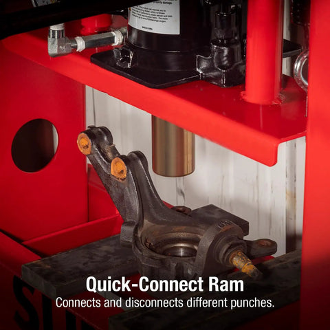 20 Ton Air Hydraulic Shop Press With Fully Welded Frame No Pump Required Auto Air Motor Includes 3 Piece Punch Kit Bed Plates And Bearing Shield close-up showing quick-connect ram feature.