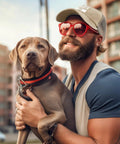 Man wearing Just Out Here Trusting God Dope Trucker Hats for Men Funny Running Caps, holding a dog, outdoor setting