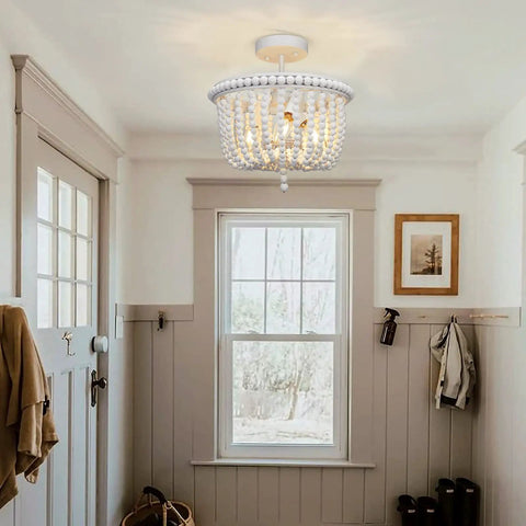 White Wood Bead Boho Chandelier Three Light Semi Flush Mount Ceiling Light For Nursery And Kids Rooms in hallway setting