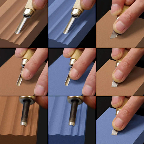 Two Whetstones Grit 400 And 1000 Gouge Sharpener Waterstone Sharpening System with bamboo base and contoured tool grooves in use.