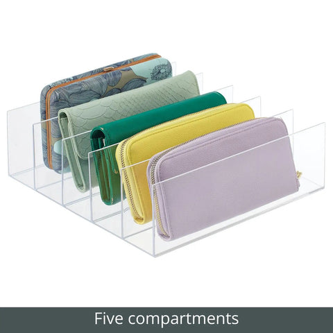 Five-Section Plastic Purse Organizer For Bedroom Closet And Shelf Storage, Vertical Slim Clear Bin Holds Purses Wallets Clutches Sunglasses And Totes, Measures 11 X 11 X 3.58 In, For Dorms RVs Kitchens Craft Rooms, Durable Shatter-Resistant Plastic