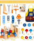 39 Piece Kids Tool Set With Apron, Wooden Toddler Tool Bench Includes Hammer And More arranged on white background