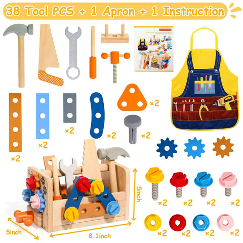 39 Piece Kids Tool Set With Apron, Wooden Toddler Tool Bench Includes Hammer And More arranged on white background