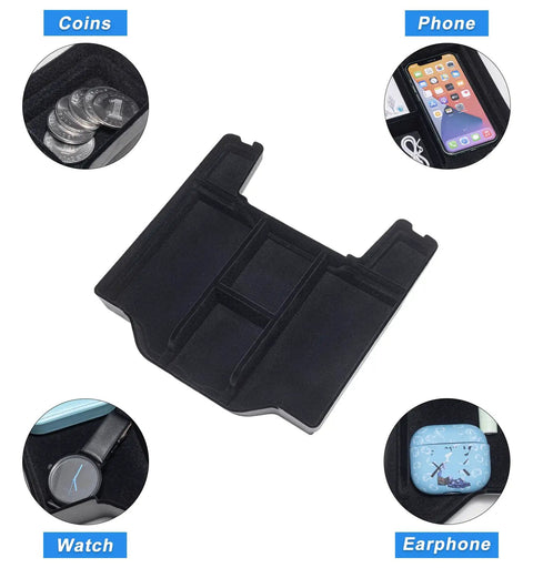 Image of Center Console Organizer Upgrade With Flocked Liner For Dodge Ram 1500 2500 3500 From 2019 Through 2026, showing compartments for phone, coins, watch, and earphones.
