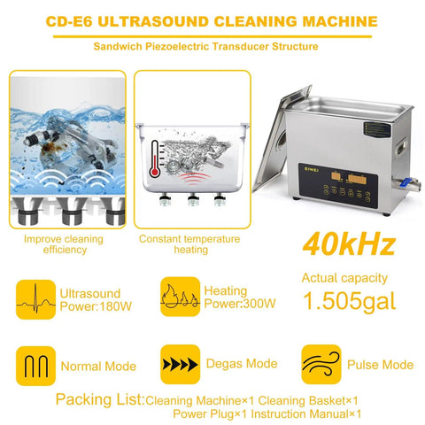 6L Dual Frequency Ultrasonic Cleaner With Heater And Timer, Pro Grade Digital Stainless Steel Cleaning Machine infographic