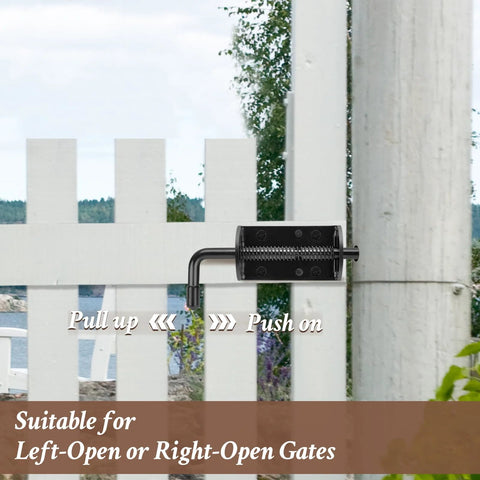 6-inch black spring-loaded gate latch bolt in solid steel, installed on a white wooden gate.