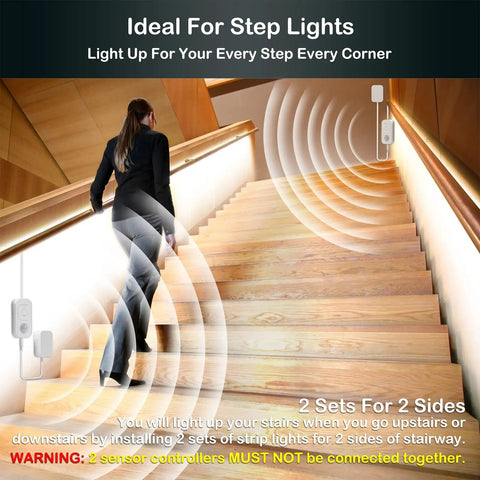 Motion Sensor Indoor LED Strip Lights Plug In With 16.4 Foot Run 6000K Cold White Dimmer Timer And Multi Functional Controller UL FCC Adapter For Stairways Cabinets Hallways Bathrooms Kitchens And More illuminating stairs.