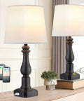 Rustic 3 Way Touch Control Table Lamps Set Of 2 With Dual USB Ports in black on wooden table, two smartphones charging