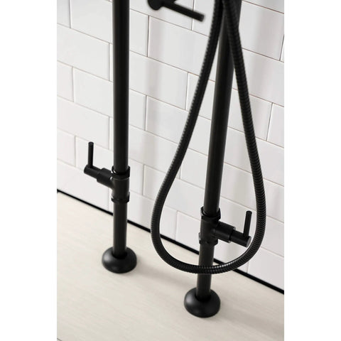 Concord Freestanding Tub Faucet With Supply Line Matte Black Finish, Solid Brass Floor Mount, View of Stop Valve and Hoses