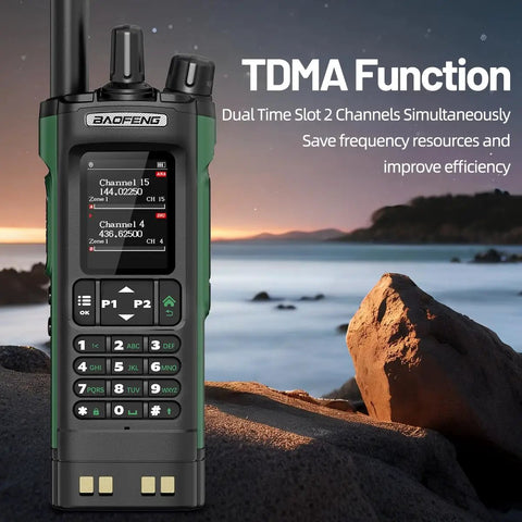 Rad Long Range Ham Radio Handheld DM32 DMR Walkie Talkie with display showing channels, dual battery setup at coastal sunset
