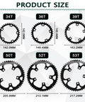 Diagram of 110 BCD Double Chainring Set With Pin For Road Bikes 50T 34T 52T 36T 53T 39T Made From A7075 T651 Aluminum Alloy sizes.