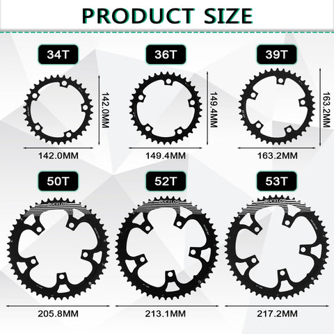 Diagram of 110 BCD Double Chainring Set With Pin For Road Bikes 50T 34T 52T 36T 53T 39T Made From A7075 T651 Aluminum Alloy sizes.