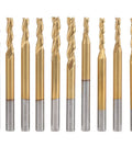 10-piece end mill set with Ti-plated gold flutes and silver round shanks, 3-flute CNC cutters